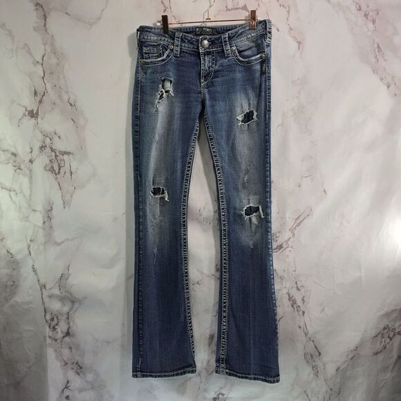 Silver Jeans Womens 29 X 34 Denim Pioneer Mid Rise Distressed Boot Cut Western - Picture 1 of 14